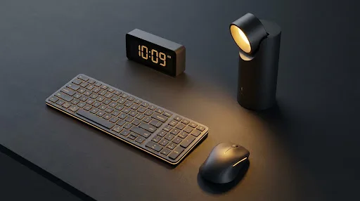 Desk gadgets arranged in a warm-lit technology workspace